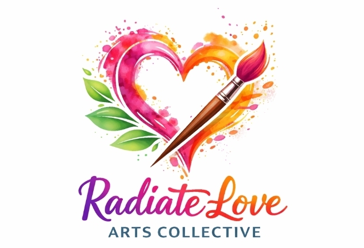Radiate Love Arts Collective colorful heart and paintbrush logo
